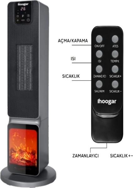 German 2701 L Grey OLED Şömineli Ekran Dijital Göstergeli Kule Tipi Seramik Fanlı Isıtıcı fiyatları
