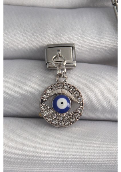 316L Çelik Gümüş Renk Sallantı Zirkon Taşlı Göz Model Nazar Boncuk Detay Nomination Charm fiyatları