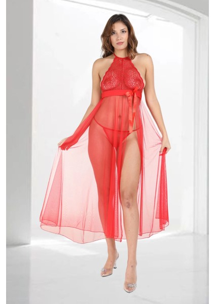 Kırmızı Dantelli Tül Gecelik - M057