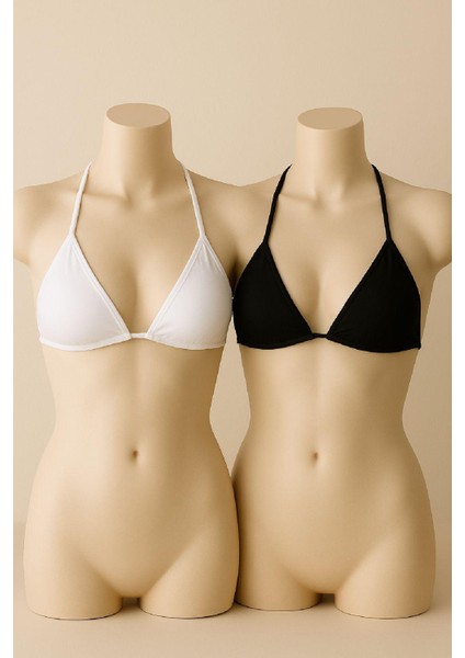 Kadın Siyah ve Beyaz Minimal Kesim Üçgen Bikini Üstü