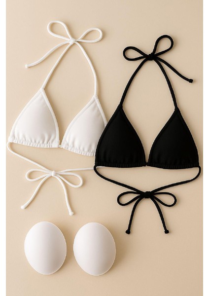 Kadın Siyah ve Beyaz Minimal Kesim Üçgen Bikini Üstü modelleri