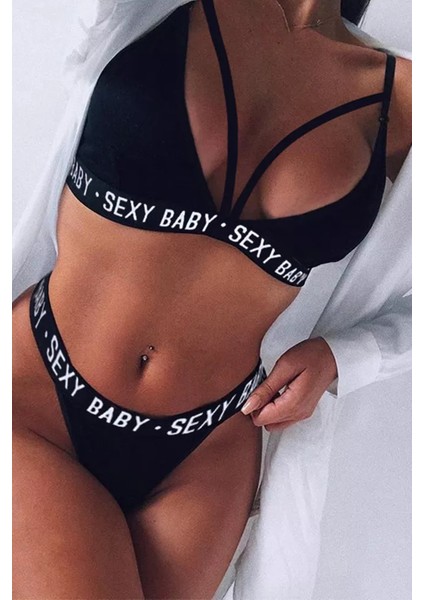 Kadın Siyah Yazı Detaylı Ipli Sütyen Takımı