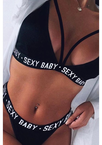 Kadın Siyah Yazı Detaylı Ipli Sütyen Takımı modelleri