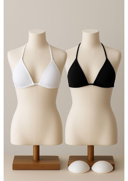 Kadın Siyah ve Beyaz Minimal Kesim Üçgen Bikini Üstü fırsatları