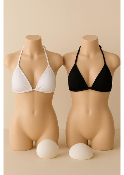 Kadın Siyah ve Beyaz Minimal Kesim Üçgen Bikini Üstü