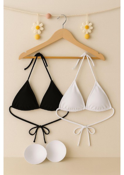 Kadın Siyah ve Beyaz Minimal Kesim Üçgen Bikini Üstü