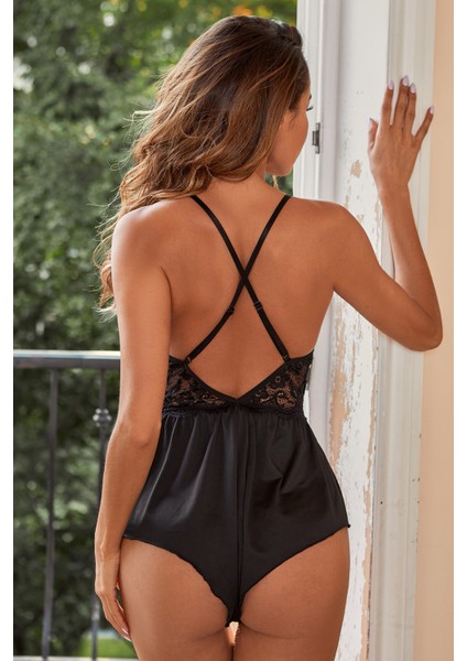 Kadın Siyah Sırtı Çapraz Ip Detaylı Gecelik