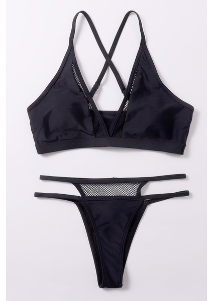 Kadın Siyah File Detaylı Iç Çamaşır Takımı