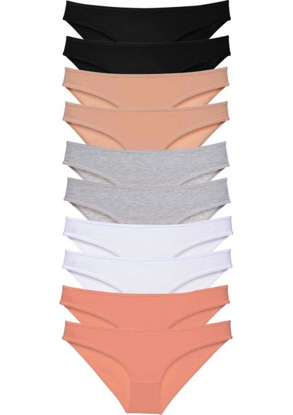10 Adet Süper Eko Set Likralı Kadın Slip Külot Siyah Ten Gri Beyaz Pudra