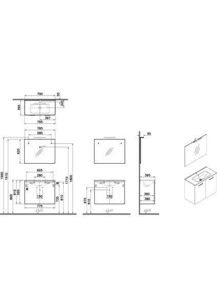 Ardea 69562 Banyo Dolabı Seti Kapaklı, 80 cm, Parlak Beyaz