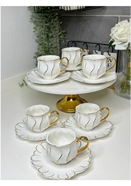 White Porselen Gold Kulplu Kahve Fincan Takım