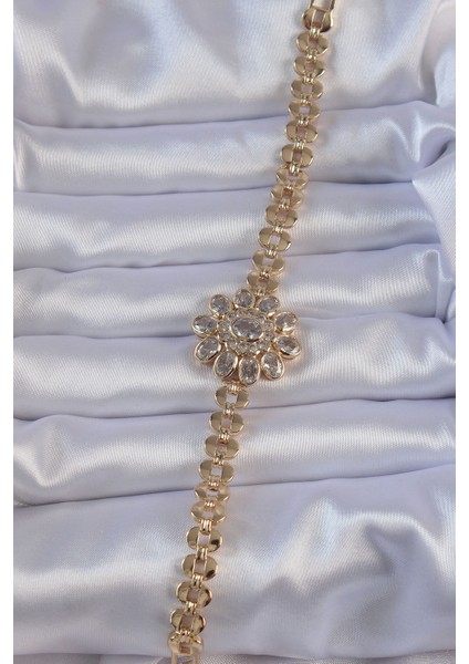 Pirinç Gold Renk Iri Zirkon Taşlı Çiçek Figürlü Bileklik