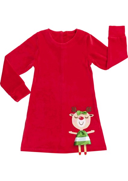 Yaramaz Geyik Kız Yılbaşı Kadife Kırmızı Elbise modelleri