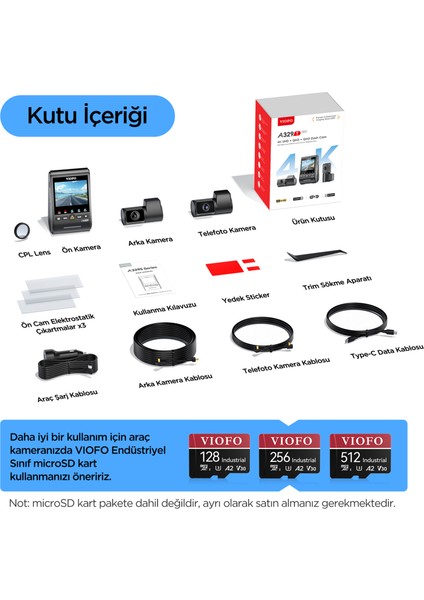 A329T 3 Kameralı Ön+Telefoto+Arka 4K+2K+2K Wi-Fi 6 HDR Sony STARVIS 2 Sensör GPS'li SSD Destekli Araç Kamerası