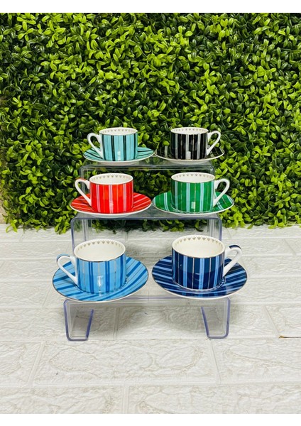 Renkli Çizgili Desenli 6 Kişilik Kahve Fincan Takımı