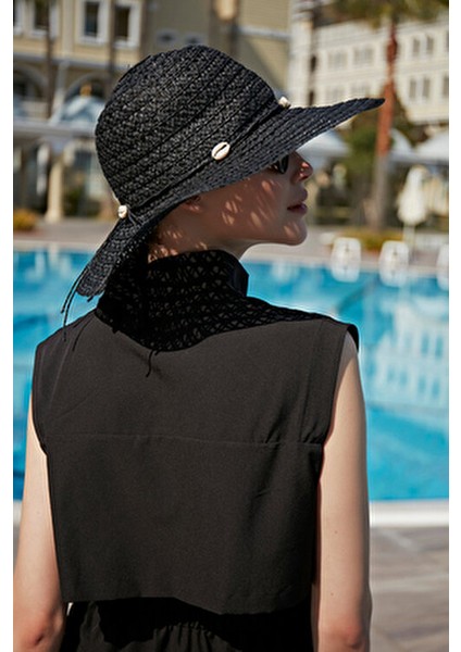 Desenli Siyah Deniz Kabuklu Hasır Şapka Kadınlar İçin Şık Plaj Aksesuarı