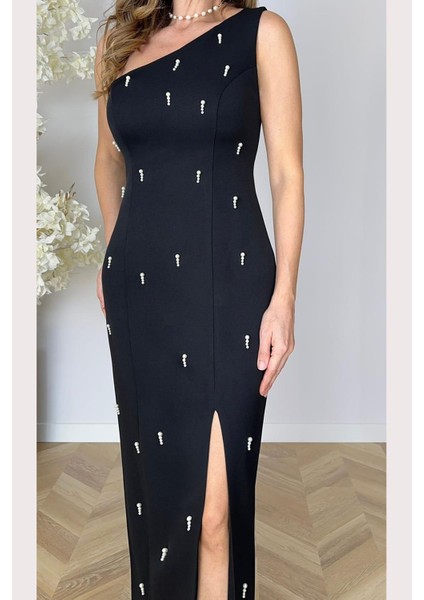 G1633 Tek Omuz Inci Detaylı Abiye Elbise Siyah fiyatları