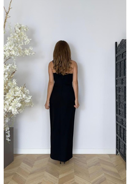 G1633 Tek Omuz Inci Detaylı Abiye Elbise Siyah modelleri