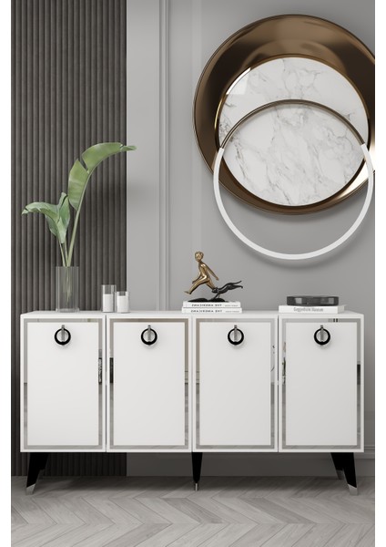 8213-32DD KB150 Konsol, Tv Ünitesi Beyaz-Gümüş-Siyah