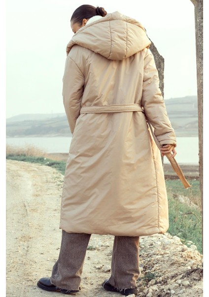 Kapüşonlu Çıt Çıt Kapamalı Elyaflı Uzun Mont Bej 6815 indirimleri