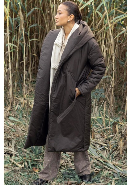 Kapüşonlu Çıt Çıt Kapamalı Elyaflı Uzun Mont Kahve 6815 fiyatları