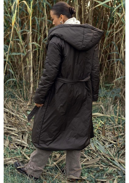 Kapüşonlu Çıt Çıt Kapamalı Elyaflı Uzun Mont Kahve 6815 modelleri