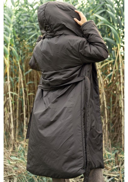 Kapüşonlu Çıt Çıt Kapamalı Elyaflı Uzun Mont Kahve 6815 indirimleri