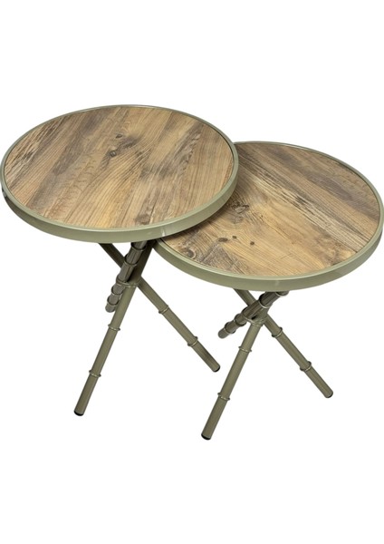 Bambu 2'li Zigon Sehpa Metal Iskelet Atlantik Çam Görünümlü Ahşap Tabla