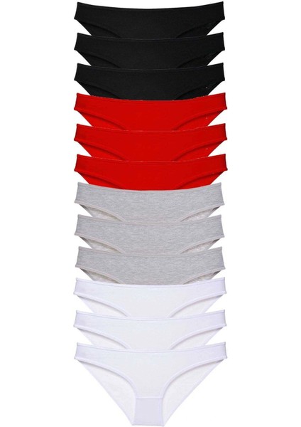 12 Adet Süper Eko Set Likralı Kadın Slip Külot Siyah Kırmızı Gri Beyaz