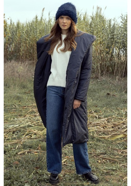 Kapüşonlu Çıt Çıt Kapamalı Elyaflı Uzun Mont Lacivert 6815