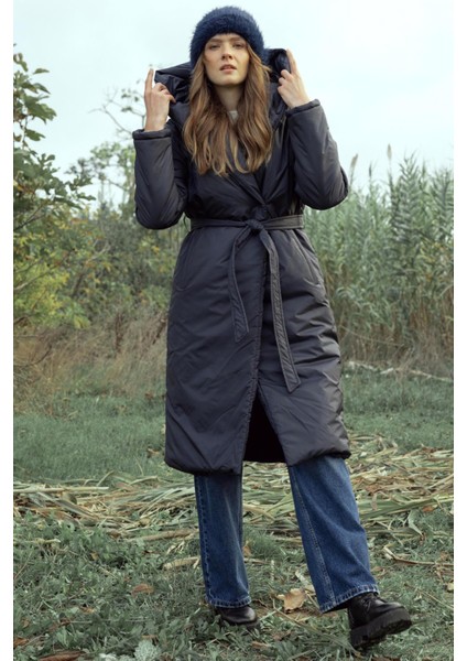 Kapüşonlu Çıt Çıt Kapamalı Elyaflı Uzun Mont Lacivert 6815 fiyatları