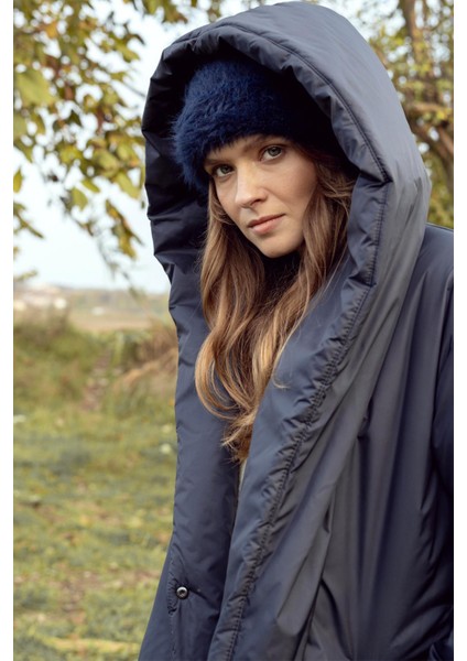 Kapüşonlu Çıt Çıt Kapamalı Elyaflı Uzun Mont Lacivert 6815 indirimleri