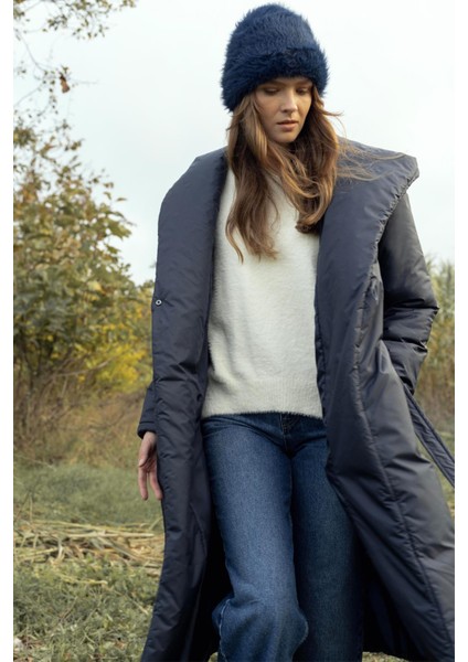 Kapüşonlu Çıt Çıt Kapamalı Elyaflı Uzun Mont Lacivert 6815