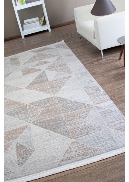 Gri Bej Polyester Halı – Antibakteriyel, Tozumaz, Saçaklı, Salon, Oturma ve Çocuk Odası Yolluk, Makine Dokuma