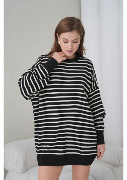 Kadın Uzun Kol Bisiklet Yaka Tunik Boy Çizgili Oversize Şık Kışlık Triko Kazak Elbise fiyatları