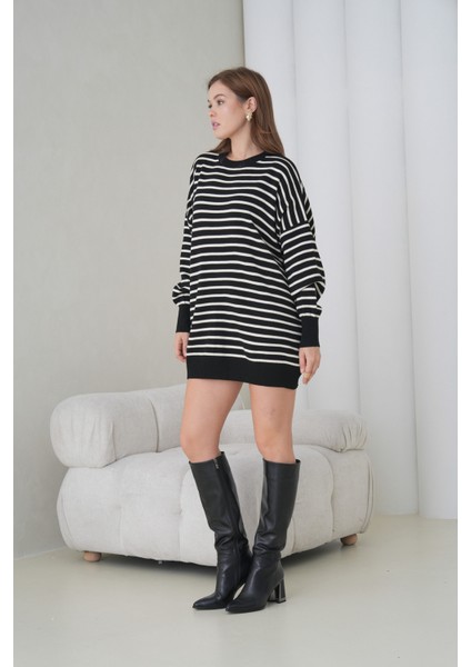 Kadın Uzun Kol Bisiklet Yaka Tunik Boy Çizgili Oversize Şık Kışlık Triko Kazak Elbise modelleri