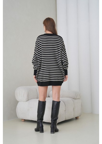 Kadın Uzun Kol Bisiklet Yaka Tunik Boy Çizgili Oversize Şık Kışlık Triko Kazak Elbise fırsatları