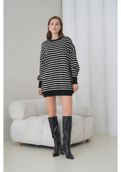 Kadın Uzun Kol Bisiklet Yaka Tunik Boy Çizgili Oversize Şık Kışlık Triko Kazak Elbise indirimleri