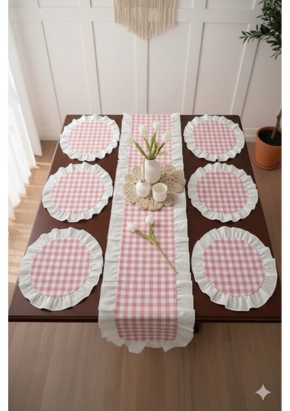 Fırfırlı Ekoseli 1 Runner 6 Amerikan Servisi Supla Takımı - 7 Parça Çeyiz Seti