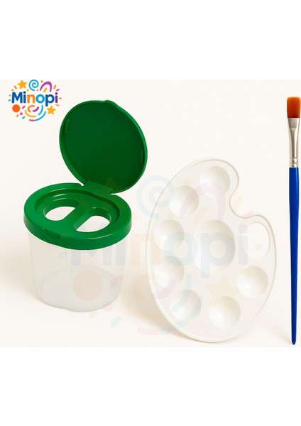 Sulu Boya Seti 3'lü Set ( Yeşil Su Kabı + Resim Paleti + Fırça ) Anaokulu Resim Malzemesi Kreş