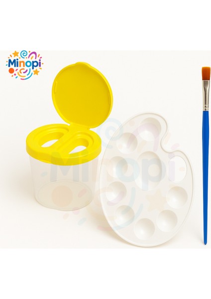 Sulu Boya Seti 3'lü Set ( Sarı Su Kabı + Resim Paleti + Fırça ) Anaokulu Resim Malzemesi Kreş