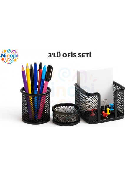 Plastik Siyah 3'lü Ofis Seti Kalemlik Ataşlık Kağıtlık Ofis Büro Düzenleyici