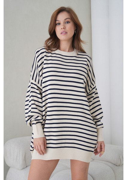 Kadın Uzun Kol Bisiklet Yaka Tunik Boy Çizgili Oversize Şık Kışlık Triko Kazak Elbise