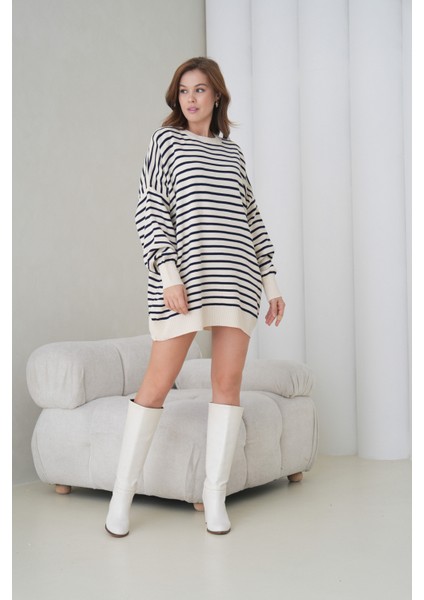 Kadın Uzun Kol Bisiklet Yaka Tunik Boy Çizgili Oversize Şık Kışlık Triko Kazak Elbise modelleri