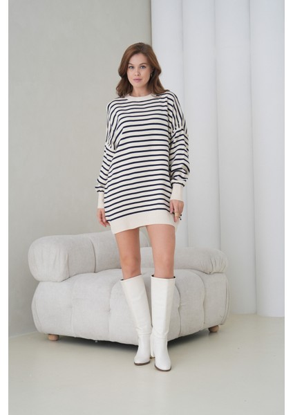 Kadın Uzun Kol Bisiklet Yaka Tunik Boy Çizgili Oversize Şık Kışlık Triko Kazak Elbise fırsatları