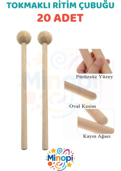 20 cm 10 Çift Tokmaklı Ahşap Ritim Çubuğu Eğitici Anaokulu Ritim Tokmağı Toplam 20 Adet