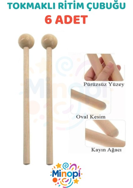 20 cm 3 Çift Tokmaklı Ahşap Ritim Çubuğu Eğitici Anaokulu Ritim Tokmağı Toplam 6 Adet