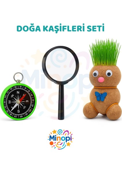 Eğitici Doğa Kaşifleri Seti 3'lü Set Pusula Anahtarlık Çim Adam 60 mm Büyüteç Mercek