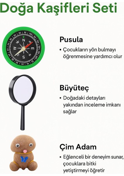 Eğitici Doğa Kaşifleri Seti 3'lü Set Pusula Anahtarlık Çim Adam 60 mm Büyüteç Mercek fiyatları