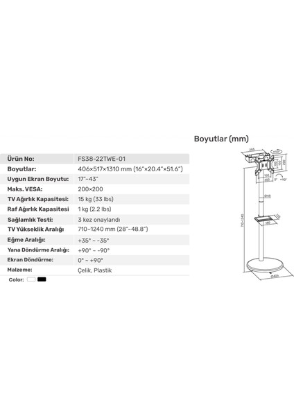 STD3822TWE 17"- 43" Vesa Tekerlekli Dikey/yatay Dönebilen Mobil Monitör/tv Standı